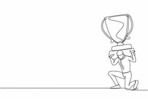 Continuous one line drawing exhausted businessman carrying heavy trophy on his back. Entrepreneur failed to win competition or business goals achievement. Single line draw design vector illustration