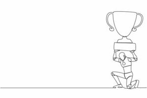 Continuous one line drawing tired robot carrying heavy trophy on his back. Robot fail to achieve goals. Delayed operation at factory. Future robotic development. Single line design vector illustration