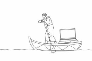 Single one line drawing Arabian businessman sailing away on boat with laptop computer. Freelancer work or creative manager doing remote work at ship. Continuous line design graphic vector illustration