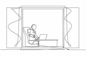Single continuous line drawing robot sitting at desk and using laptop near window. Factory management. Future technology development. Artificial intelligence. One line draw design vector illustration