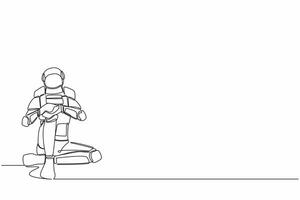 Single one line drawing sad astronaut sitting alone on the floor. Depressed, disorder, sorrow. Spacecraft industry failure. Cosmic galaxy space. Continuous line draw graphic design vector illustration