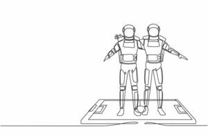 soltero continuo línea dibujo dos fútbol jugadores astronauta abrazo cada otro en superficie de teléfono inteligente móvil fútbol americano fútbol. cosmonauta profundo espacio. uno línea dibujar gráfico diseño vector ilustración