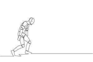 Single continuous line drawing sad robot bowed down. Feeling lonely and having mental pressure or stress. Artificial intelligence and machine learning process. One line draw design vector illustration