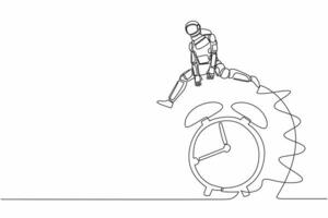 Continuous one line drawing young astronaut jumping over alarm clock. Spaceship expedition deadline, working time efficiency. Cosmonaut outer space. Single line draw graphic design vector illustration