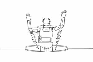 Single one line drawing young astronaut fell into manhole underground sewer. Spaceman fell sewer hatch. Space business failure. Cosmic galaxy space. Continuous line graphic design vector illustration