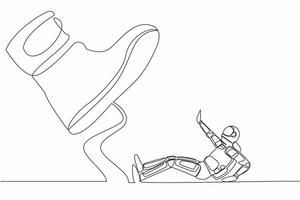 Single continuous line drawing of young astronaut under giant foot in moon surface. Big boss foot in shoe going to crush science. Cosmonaut deep space. One line draw design vector graphic illustration