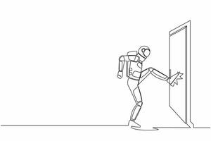 Continuous one line drawing of astronaut kicks door closed with his leg. Aggressive space business approach. Expedition struggles. Cosmonaut outer space. Single line graphic design vector illustration