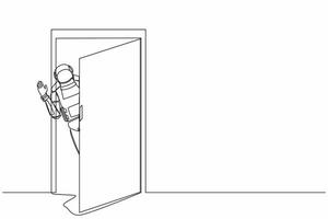 Single one line drawing young astronaut looking from behind open door in moon surface. Spaceman peeking of door and wave hands. Cosmic galaxy space. Continuous line graphic design vector illustration