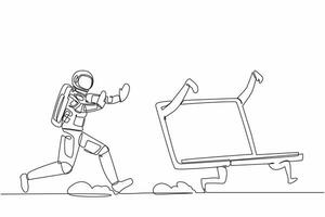 Single one line drawing of young astronaut chasing laptop computer in moon surface. Spaceship technology work planning. Cosmonaut deep space concept. Continuous line design graphic vector illustration