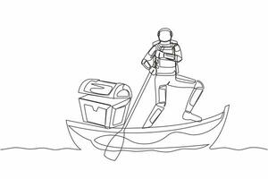 Continuous one line drawing astronaut sailing away on boat with treasure chest. Money laundering in shuttle launch mission. Cosmonaut outer space. Single line draw design vector graphic illustration