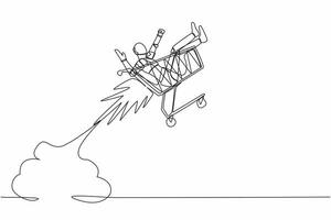 Single one line drawing robot riding shopping trolley rocket flying in the sky. Robotic artificial intelligence technology. Electronic technology industry. Continuous line design vector illustration