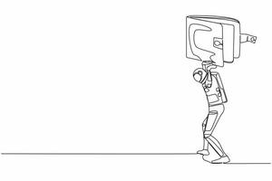 Single continuous line drawing of young astronaut carrying heavy wallet on his back. Financial economic crisis at spaceship industry. Cosmonaut deep space. One line design vector graphic illustration