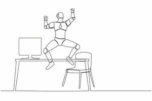 soltero continuo línea contento robot saltando con elevado manos cerca escritorio lugar de trabajo. moderno robótico desarrollo. artificial inteligencia máquina aprendizaje proceso. uno línea dibujar diseño vector ilustración