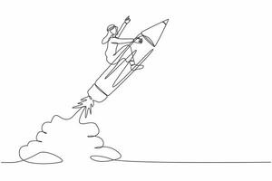 Single one line drawing young Arabian businessman riding pencil rocket flying in sky. Concept of education, creativity, imagination or creative freedom. Continuous line draw design vector illustration