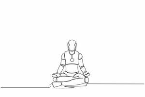 Single one line drawing happy robot sitting with yoga pose, meditation. Relaxed robotic operation. Artificial intelligence. Technology industry. Continuous line draw graphic design vector illustration