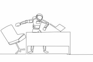 Single one line drawing of frustrated young astronaut angry and throwing laptop from working desk. Failed in spaceship company. Cosmic galaxy space. Continuous line graphic design vector illustration