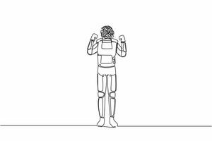 Single continuous line drawing astronaut with round scribbles instead of head. Angry robot raised fist and shout screaming expression. Cosmonaut deep space. One line graphic design vector illustration