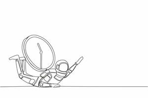 Continuous one line drawing of astronaut under heavy wall clock burden. Spaceman expedition within deadline and timeline, under pressure. Cosmonaut outer space. Single line design vector illustration