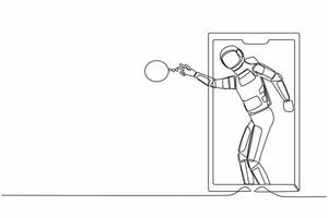 Single one line drawing young astronaut basketball player shooting ball out of smartphone screen. Online basketball games. Cosmic galaxy space. Continuous line draw graphic design vector illustration