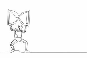 Single one line drawing young astronaut carrying heavy hourglass on his back. Spaceman with exploration deadline operation. Cosmic galaxy space. Continuous line draw design graphic vector illustration