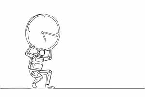 Continuous one line drawing young astronaut carrying heavy clock on his back. Galactic exploration within deadline and timeline. Cosmonaut outer space. Single line graphic design vector illustration