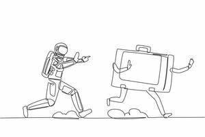 Single one line drawing young astronaut running chasing briefcase in moon surface. Huge bag for space exploration. Cosmic galaxy space concept. Continuous line draw graphic design vector illustration