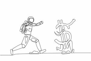 Single continuous line drawing young astronaut chasing dollar symbol in moon surface. Investment in space technology development. Cosmic galaxy space concept. One line draw design vector illustration