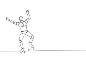 Continuous one line drawing happy robot jump with both hands raised. Successful in tech business project. Humanoid cybernetic organism. Future robotic. Single line graphic design vector illustration