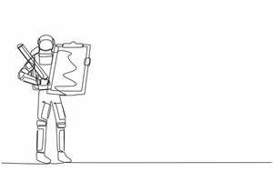 Continuous one line drawing young astronaut standing and holding clipboard with checklist in moon surface. Cosmic expedition. Cosmonaut outer space. Single line draw graphic design vector illustration