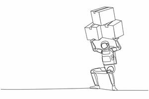 Continuous one line drawing young astronaut carrying heavy pile of box on his back. Overworked spaceman with stack of cardboard. Cosmonaut outer space. Single line graphic design vector illustration