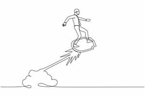 Continuous one line drawing of active businessman riding shield rocket flying in the sky. Business attack protection security and insurance concept. Single line draw design vector graphic illustration