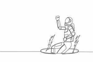 Single continuous line drawing young astronaut fell into manhole underground sewer. Spaceman fell into sewage. Space business failure. Cosmonaut deep space. One line graphic design vector illustration