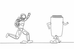 Continuous one line drawing young astronaut run chasing paper cup in moon surface. Recycling waste treatment in outer space. Cosmonaut outer space. Single line draw graphic design vector illustration