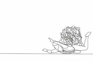 Single continuous line drawing depressed businessman under heavy messy line burden. Stress burden, anxiety from work difficulty, overload, economic crisis problem. One line design vector illustration