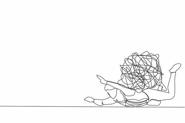 Single continuous line drawing depressed businessman under heavy messy line burden. Stress burden, anxiety from work difficulty, overload, economic crisis problem. One line design vector illustration