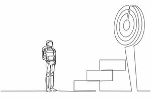 Single one line drawing astronaut standing in front of stairway to high target. Spacecraft business industry growth and path to success. Cosmic galaxy space. Continuous line design vector illustration