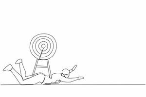 Single one line drawing of depressed businessman under heavy target burden. Effort and ambition to reach goal or target, challenge to win higher target. Continuous line draw design vector illustration