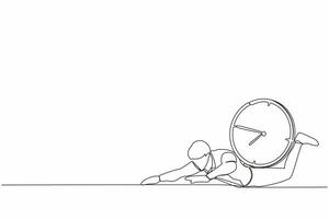 Continuous one line drawing depressed businessman under heavy wall clock burden. Stressed complete work within deadline and timeline. Work under pressure. Single line draw design vector illustration