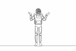 Single continuous line drawing of young astronaut with round scribble instead of head, standing with two hand raised asking questions. Cosmonaut deep space. One line graphic design vector illustration