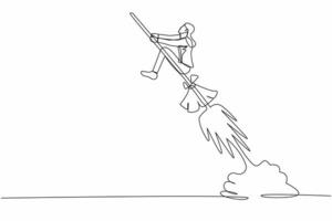 Single continuous line drawing businesswoman riding broomstick rocket flying in the sky. Successful startup business launch. Magical products in market competition. One line design vector illustration