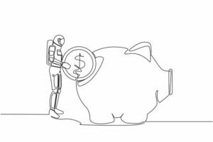 Single one line drawing young astronaut put dollar coin into piggy bank. Investing plan for space interstellar exploration. Cosmic galaxy space. Continuous line draw graphic design vector illustration