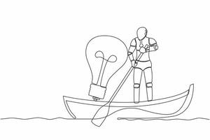 Continuous one line drawing robot sailing away on boat with light bulb. Vision and innovation in tech company. Humanoid robot cybernetic organism. Single line draw design vector graphic illustration