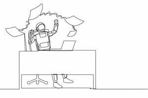 Single one line drawing happy astronaut throwing paper documents in air at working desk. Enjoying space business success. Cosmic galaxy space. Continuous line draw graphic design vector illustration
