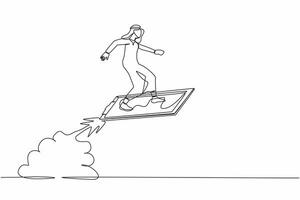 Single continuous line drawing Arabian businessman riding clipboard rocket flying in the sky. Analyze data at launch of new startup. Business contract. One line draw graphic design vector illustration