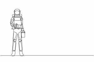 Continuous one line drawing astronaut holds roller with paint and bucket of paint. Future house decoration. Preparation home reparation. Cosmonaut outer space. Single line design vector illustration