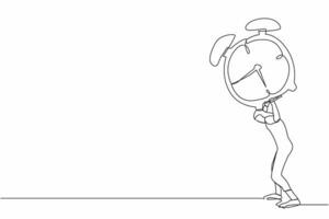 Single one line drawing Arab businesswoman carrying heavy alarm clock on her back. Pressure to complete work deadlines. Stressed worker because lot of work. Continuous line design vector illustration