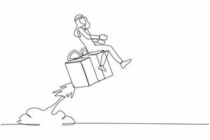 Continuous one line drawing Arabian businessman riding gift box rocket flying in the sky. Fast shipping or delivery. Cardboard box for moving and packaging. Single line draw design vector illustration