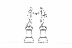 Single one line drawing businessman leader shaking hand on rook chess, metaphor agreement. Negotiation skill to deal with competitor, partnership decision. Continuous line design vector illustration