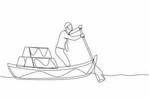 Single one line drawing businessman standing in boat and sailing with stack of golden bullion. Successful investor or entrepreneur. Gold investment. Continuous line graphic design vector illustration