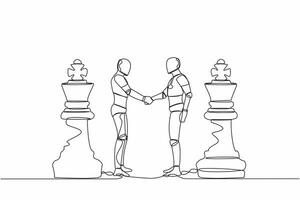 Single one line drawing two robot shaking hands together while standing between of king chess pieces. Agreement or partnership in tech industry. Continuous line draw design graphic vector illustration